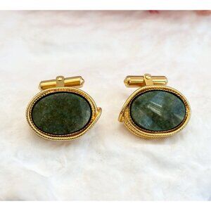 Destino Signed Green Faux Jade Gold Toned 80's Style Retro Vintage Cuff Links